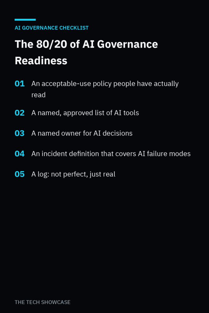 The 80/20 of AI Governance Readiness checklist: five items for a defensible AI governance baseline, from The Tech Showcase.